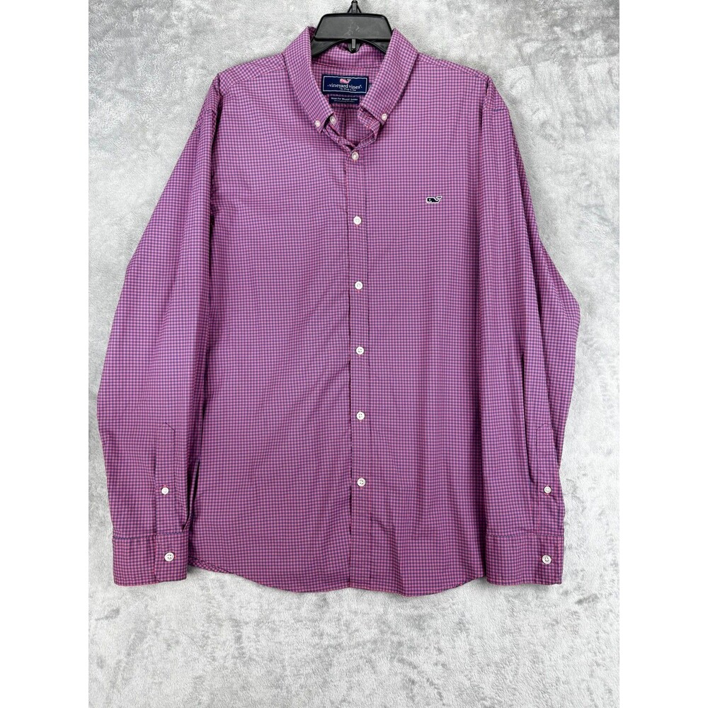 Vineyard Vines Mens XL Slim Fit Whale Shirt Pink Navy Gingham Long Sleeve